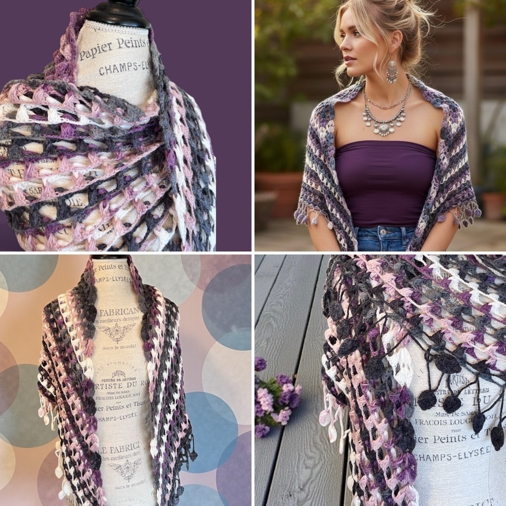 Vintage Multi Colored Purples Greys Creams Pinks Crocheted Shawl Wrap - Picture 17 of 17